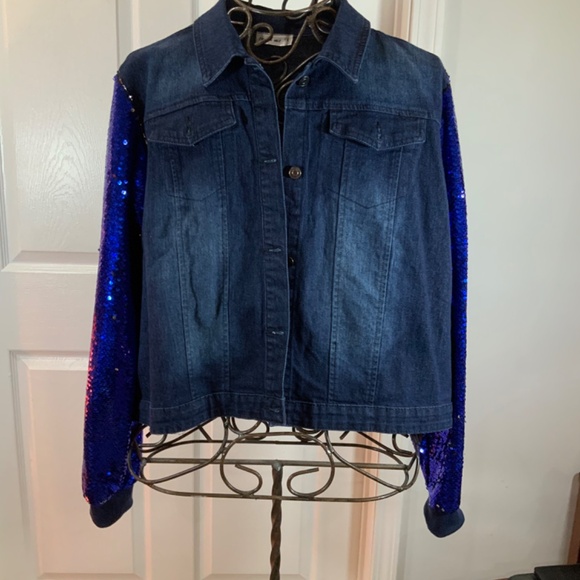 Touch Me Blue Sequin Denim Glitter Sleeve Jacket Plus Size 1X - Picture 8 of 8